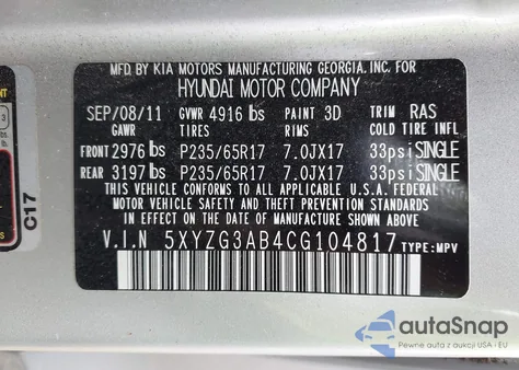 2012 Hyundai Santa Fe Gls из США, поврежденный, VIN 5XYZG3AB4CG104817